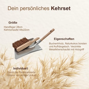 May include: A wooden and metal dustpan and brush set. The brush is 11 inches long, and the dustpan is 17.3 x 8.7 inches. The set includes a brush with natural coconut bristles and a dustpan with a wooden handle. The text says "Your personal cleaning set".