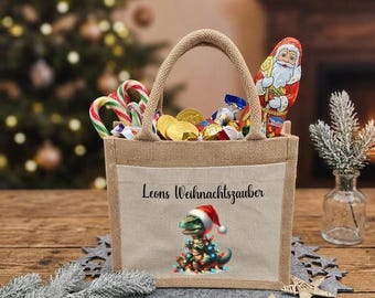 Personalized jute bag for children with name | Santa Claus gift bag made of fabric | Dinosaur jute bag for Christmas and Advent
