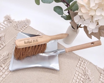 Personalized wooden housewarming gift, engraved dustpan and brush set for a new home, wedding housewarming gift, hand brush and dustpan set