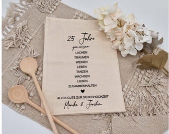Personalized silver wedding anniversary gift: tea towel, 25 years together, kitchen towel with names, silver wedding anniversary