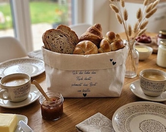 Bread basket fabric storage container with saying, "Where love sets the table," cotton bread basket, housewarming gift, wedding gift, Mother's Day decoration, table decoration