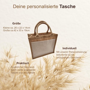 May include: A brown tote bag with a light-colored front pocket and handles. The bag has the text "Deine personalisierte Tasche" at the top. The small bag is approximately 10.2 x 8.7 x 5.5 inches, and the large bag is approximately 16.5 x 13 x 7.5 inches.