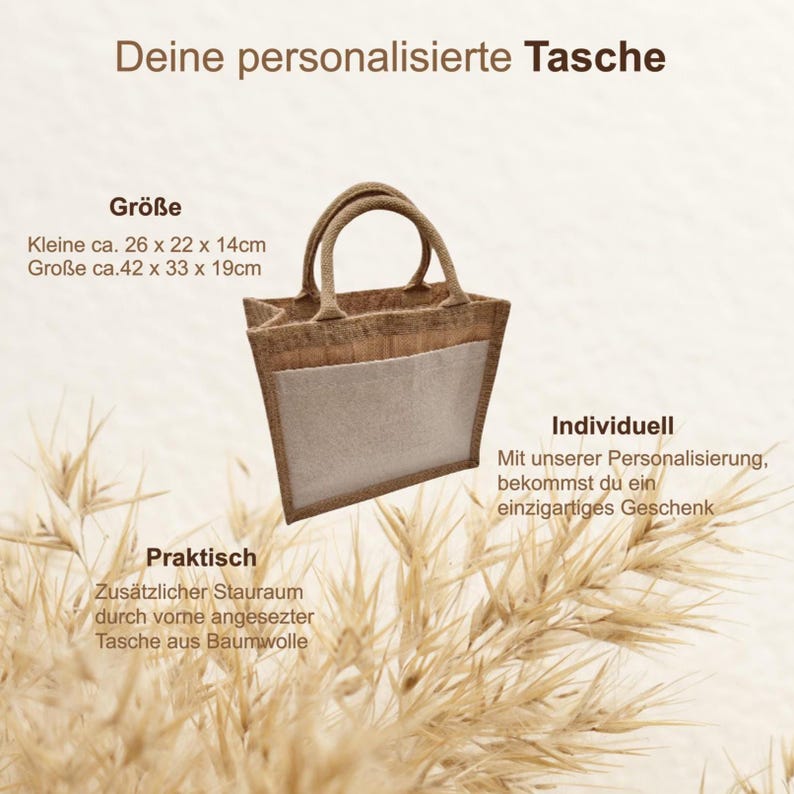 May include: A brown tote bag with a light-colored front pocket and handles. The bag has the text "Deine personalisierte Tasche" at the top. The small bag is approximately 10.2 x 8.7 x 5.5 inches, and the large bag is approximately 16.5 x 13 x 7.5 inches.