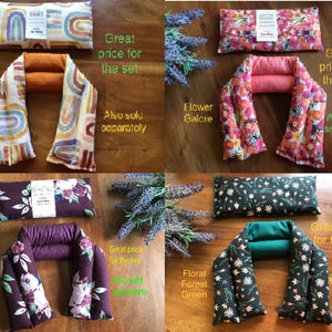 Pu&ograve; includere: Quattro set di scaldacollo e cuscini per gli occhi riscaldabili in vari modelli. I set includono uno scaldacollo e un cuscino per gli occhi abbinato. I modelli includono archi colorati, disegni floreali e botanici. Il testo dice "Great price for the set" e "Also sold separately."
