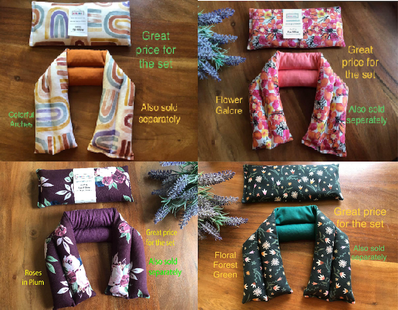 Pu&ograve; includere: Quattro set di scaldacollo e cuscini per gli occhi riscaldabili in vari modelli. I set includono uno scaldacollo e un cuscino per gli occhi abbinato. I modelli includono archi colorati, disegni floreali e botanici. Il testo dice "Great price for the set" e "Also sold separately."