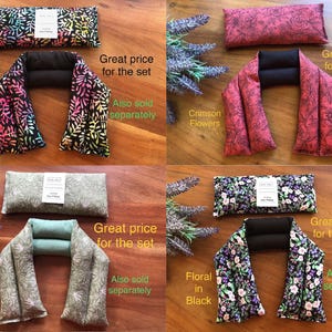 Pu&ograve; includere: Quattro set di cuscini per gli occhi e scaldacollo con diversi motivi. I set includono un cuscino rettangolare per gli occhi e uno scaldacollo abbinato. I motivi includono viti colorate, fiori cremisi, foglie bianche salvia e floreale in nero.
