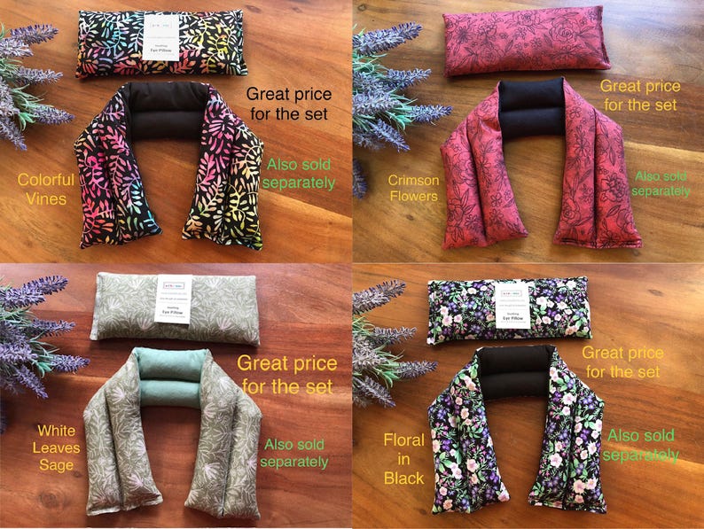 Pu&ograve; includere: Quattro set di cuscini per gli occhi e scaldacollo con diversi motivi. I set includono un cuscino rettangolare per gli occhi e uno scaldacollo abbinato. I motivi includono viti colorate, fiori cremisi, foglie bianche salvia e floreale in nero.