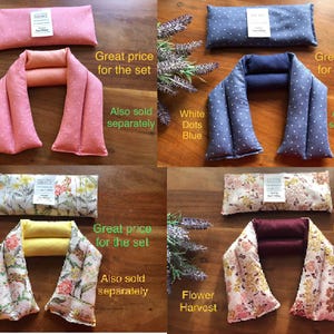 Pu&ograve; includere: Quattro set di impacchi per il collo e cuscini per gli occhi per aromaterapia in vari modelli. I set includono un cuscino per gli occhi rettangolare e un involucro per il collo a forma di U. I modelli includono pois bianchi su corallo e blu, fiori di primavera e raccolta di fiori.
