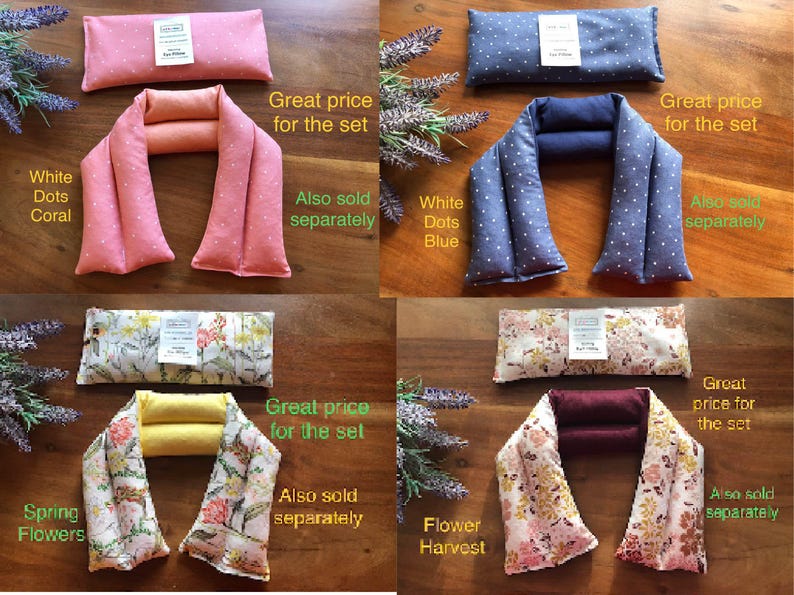 Pu&ograve; includere: Quattro set di impacchi per il collo e cuscini per gli occhi per aromaterapia in vari modelli. I set includono un cuscino per gli occhi rettangolare e un involucro per il collo a forma di U. I modelli includono pois bianchi su corallo e blu, fiori di primavera e raccolta di fiori.