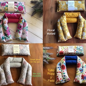 Pu&ograve; includere: Quattro cuscini per gli occhi floreali in vari colori: rosa acceso, senape, grigio talpa e campo di tulipani. Ogni set include un cuscino rettangolare per gli occhi e un cuscino pi&ugrave; grande a forma di U. Il testo "Floral Hot Pink", "Floral Mustard", "Floral Taupe Gray" e "Tulip Poppy Field" &egrave; visibile.