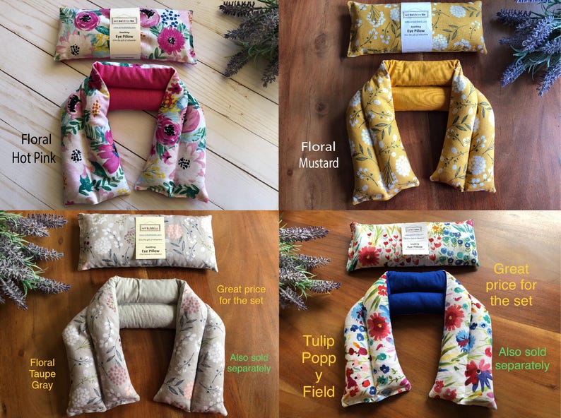 Pu&ograve; includere: Quattro cuscini per gli occhi floreali in vari colori: rosa acceso, senape, grigio talpa e campo di tulipani. Ogni set include un cuscino rettangolare per gli occhi e un cuscino pi&ugrave; grande a forma di U. Il testo "Floral Hot Pink", "Floral Mustard", "Floral Taupe Gray" e "Tulip Poppy Field" &egrave; visibile.