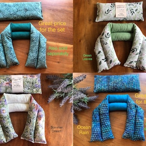Pu&ograve; includere: Quattro set di impacchi per il collo e cuscini per gli occhi per aromaterapia in vari modelli. I set includono un cuscino per gli occhi rettangolare e un involucro per il collo a forma di U. I modelli includono Forest Rain, Green Leaves, Summer Dream e Ocean Rain.