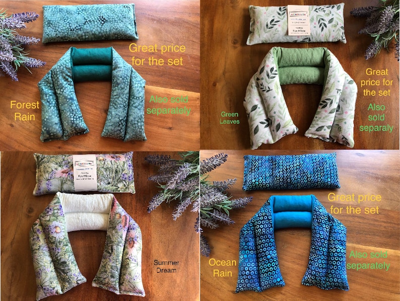 Pu&ograve; includere: Quattro set di impacchi per il collo e cuscini per gli occhi per aromaterapia in vari modelli. I set includono un cuscino per gli occhi rettangolare e un involucro per il collo a forma di U. I modelli includono Forest Rain, Green Leaves, Summer Dream e Ocean Rain.