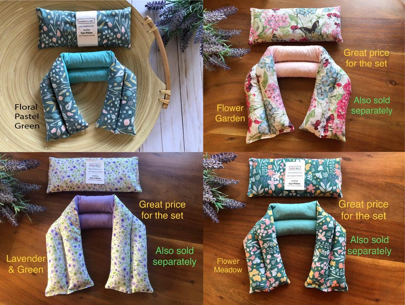 Pu&ograve; includere: Una collezione di cuscini per gli occhi e scaldacollo con vari motivi floreali. Gli schemi di colore includono floreale verde pastello, giardino fiorito, lavanda e verde e prato fiorito. Ogni set include un cuscino per gli occhi e uno scaldacollo.