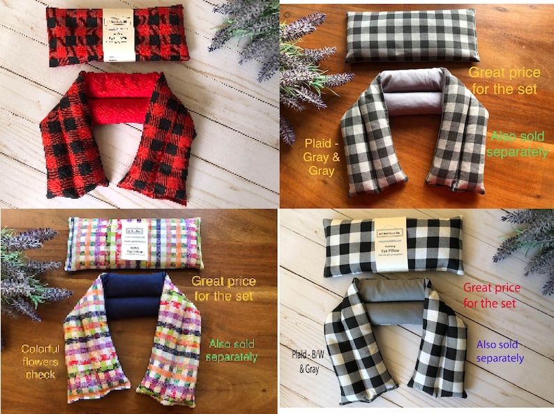 Pu&ograve; includere: Quattro cuscini per gli occhi e scaldacollo in vari motivi a quadri. I motivi includono quadri di bufalo rosso e nero, quadri grigi e grigi, quadri floreali colorati e quadri in bianco e nero. Ogni set include un cuscino per gli occhi e uno scaldacollo.
