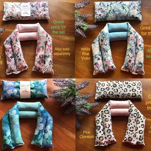 Pu&ograve; includere: Quattro set di cuscini per gli occhi e scaldacollo in vari disegni floreali e animalier. I set includono un cuscino rettangolare per gli occhi e uno scaldacollo abbinato. Le combinazioni di colori includono rosa, blu e stampa animalier.