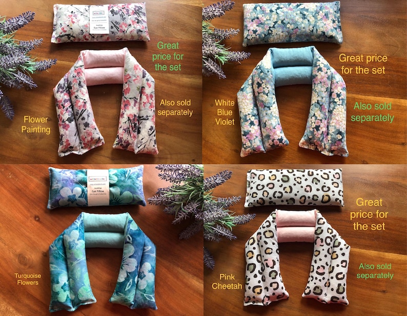 Pu&ograve; includere: Quattro set di cuscini per gli occhi e scaldacollo in vari disegni floreali e animalier. I set includono un cuscino rettangolare per gli occhi e uno scaldacollo abbinato. Le combinazioni di colori includono rosa, blu e stampa animalier.