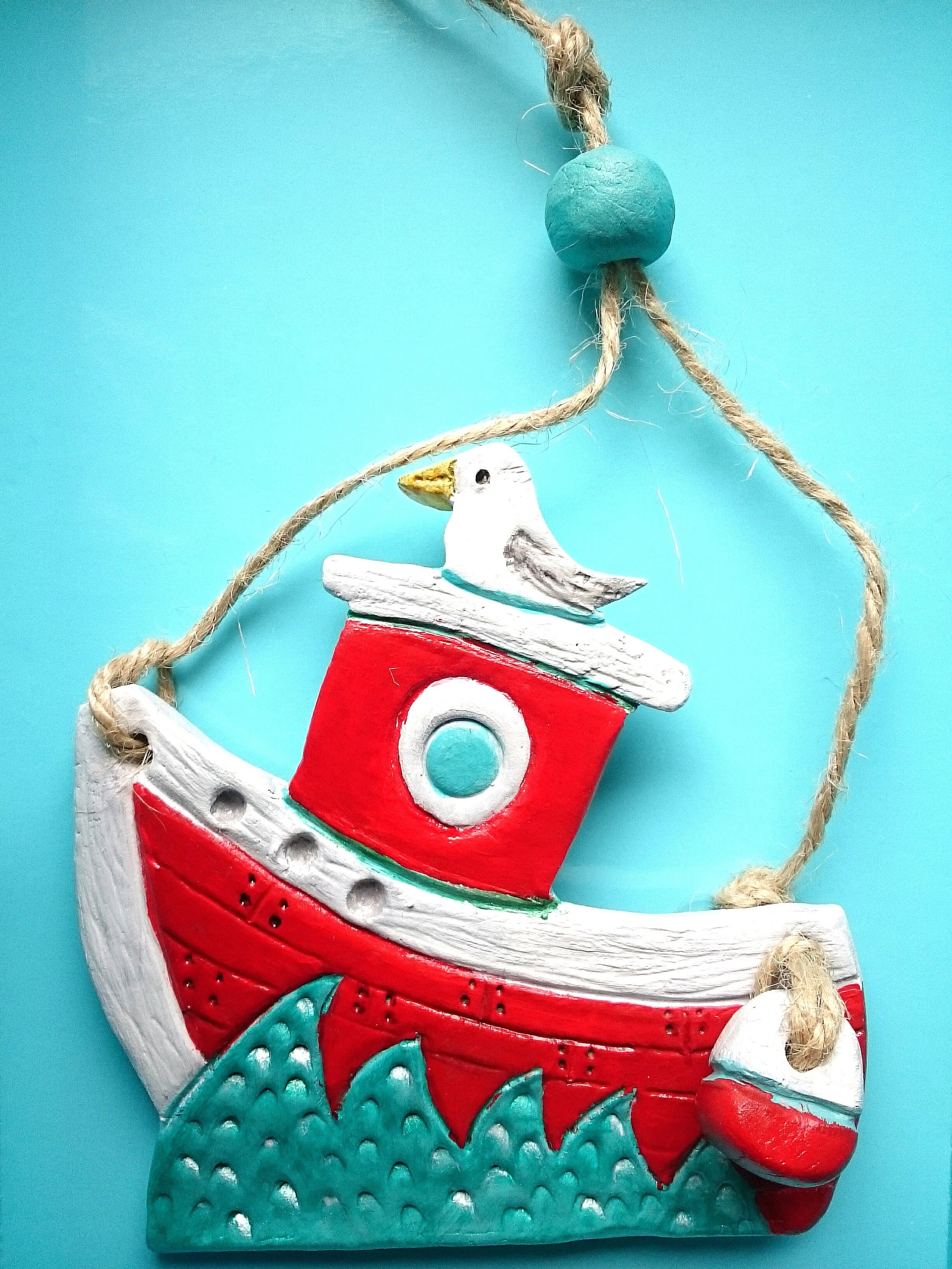 Handmade clay Fishing Boat at sea hanging wall decoration with Etsy