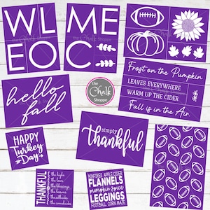 May include: A collection of purple and white stencils with fall and Thanksgiving themes. The stencils include phrases like "Welcome", "Hello Fall", and "Simply Thankful", along with images of footballs, pumpkins, and leaves.