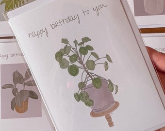 Birthday Card - Ready to Ship - Philodendron Xanadu, Rubber Plant, Syngonium, Syngonium, Pilea, Snake Plant - Plant Lover - Retro - Vintage