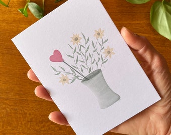 Flowers in Vase with Heart Greeting Card - Ready to Ship - Printed on Recycled Cardstock - Valentines - Birthday - Thank you - Mother's Day