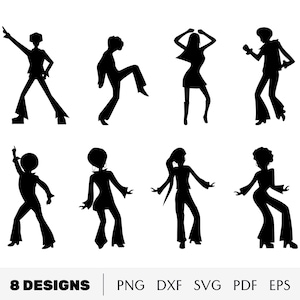 Puede incluir: Ocho diseños de silueta negra de personas bailando en un estilo disco de los años 70. Las figuras están todas en diferentes poses, algunas con las manos en alto y otras con los brazos a los lados.