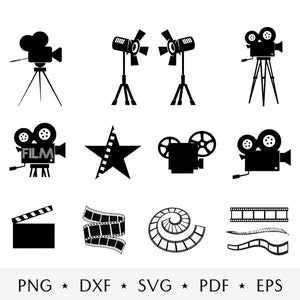 Op de afbeelding: Zwart-wit vectorillustraties van filmgerelateerde pictogrammen. Bevat vintage filmcamera's, schijnwerpers, een ster met filmstrip, filmrollen, een klapbord en filmstrips. De tekst onderaan luidt "PNG * DXF * SVG * PDF * EPS".
