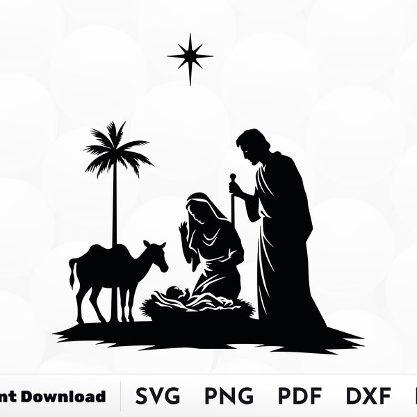 Nativity Scene SVG, Nativity Silhouette, Oh Holy Night png, Silent night svgReligious Holiday Gift, Holy Night Ornament, Christian Clipart