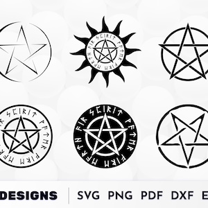 May include: Six black and white pentagram designs. The pentagrams are in different styles, including a sunburst, a circle, and a five-pointed star. The text "FIR SEIRIT PFT MR FIRM" is around the pentagrams.