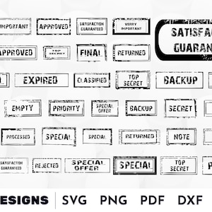 Puede incluir: Un conjunto de 38 diseños de sellos de estilo grunge en blanco y negro. Los sellos presentan varias frases como "Aprobado", "Oferta especial", "Alto secreto", "Prioridad", "Copia de seguridad", "Rechazado", "Devuelto", "Cancelado", "Original", "Caducado", "Clasificado", "Acreditado", "Deseado", "Nota", "Procesado", "Vacío", "Corregido", "Final", "Garantía de satisfacción", "100% Garantía de devolución de dinero", "Muy importante", y "Privado".