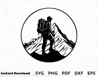 Wandern SVG, männliche Hiker Silhouette geschnitten Datei für Cricut, Berg Wald Trekking Clipart, Outdoor Abenteuer DXF und PNG Dateien