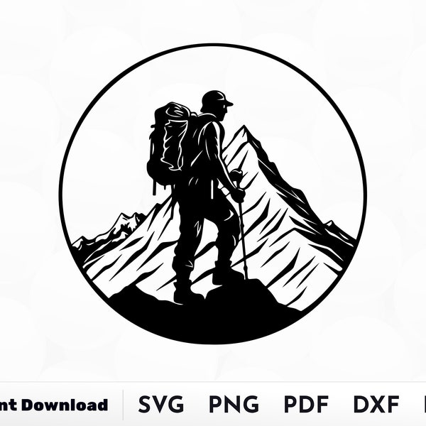 Mountain Scene Hiker SVG, Hiking Svg, Trekking Svg, Hiking Clipart, Hiker Silhouette, Hiking dxf, Hiking Svg File For Cricut, Male Hiker Svg