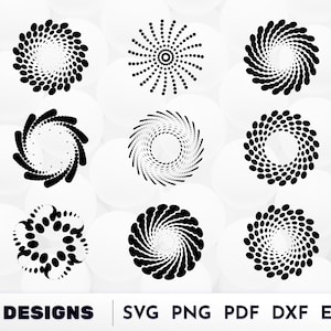 May include: Nine black and white circular designs with a dotted pattern. The designs are arranged in three rows of three. The designs are all different, but they all have a similar style. The designs are perfect for use in crafts, scrapbooking, and other creative projects.