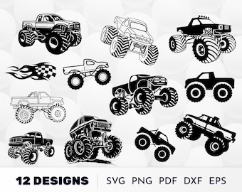 モンスタートラックのSVG、Cricut用トラックシルエットカットファイル、オフロード車のクリップアート、モンスタートラックのベクター、ダイカット用DXFおよびPNGファイル