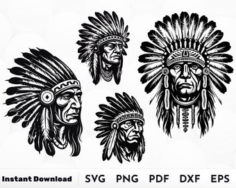 Indianer SVG, Indianer SVG, Häuptling SVG, Cricut Schneidedateien, druckbare Clip Art, Indianer Kopfschmuck, Indianer Krieger Kopf