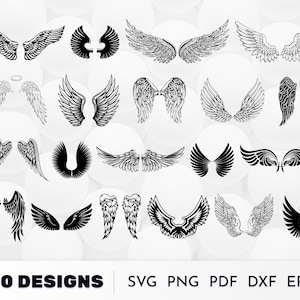 May include: A set of 20 black and white angel wing designs. The wings are in various styles, including simple, detailed, and stylized. The designs are perfect for use in crafts, scrapbooking, and other creative projects.