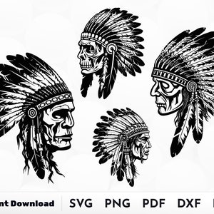 May include: Four black and white illustrations of Native American chiefs wearing headdresses with feathers. The chiefs are facing to the right and are in profile. The illustrations are in a simple, graphic style.