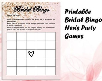 Printable Hen's Party Bridal Bingo, Bachelorette Party Bridal Bingo, Party Games