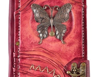Leder-Tagebuch, handgefertigtes Tagebuch aus echtem Leder, Schmetterling, Tagebuch, Notizblock aus Leder, Notizbuch im Alter-Stil