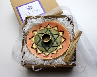 Ceramiczny uchwyt na kadzidełka w kształcie serca i czakry Palo Santo: 3 w 1