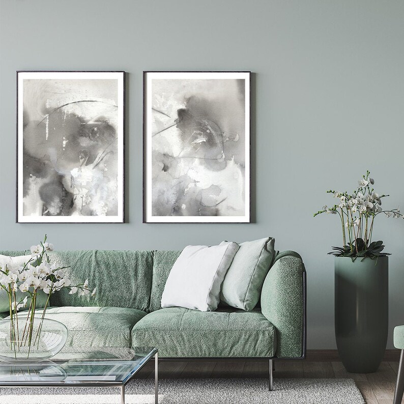 Grey & White Abstract Set of 2 Wall Art Prints With Framing Etsy
