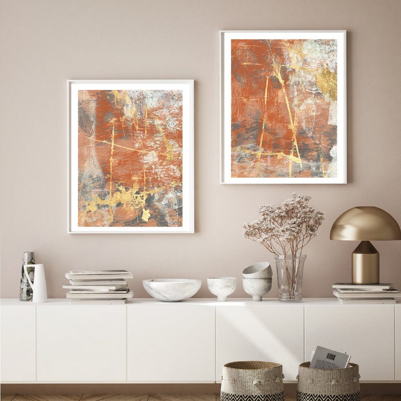Terra Cotta Lace Orange & Gold Abstract Wall Art Print Set of Etsy