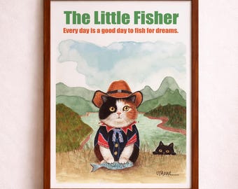 Katzenfischen Wand Kunst zum ausdrucken, wunderliche Cowboy Katze Illustration, Inspiration Tier Poster, digitaler Download