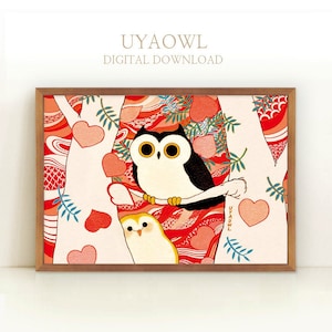 Sunflower Love – Owl Couple Art, Korean Style Digital Print, Printable Wall Art, Owl Love Story, Romantic Nursery Decor