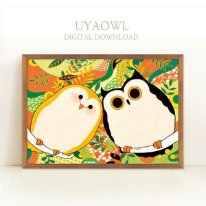 Cute Owl Couple Love Art - Cyfrowa sztuka ścienna do druku, dekoracja sowa i kwiatowa, seria Love, akryl na cyfrowo, wystrój domu w stylu boho