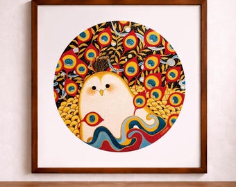 Eule Wand Kunst druckbare, Volkskunst Stil, Pfauenfeder Muster Digital Download