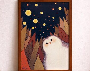 Gemütliche Eule Wand Kunst zum ausdrucken, ruhige Nacht Eule Illustration, digitaler Download