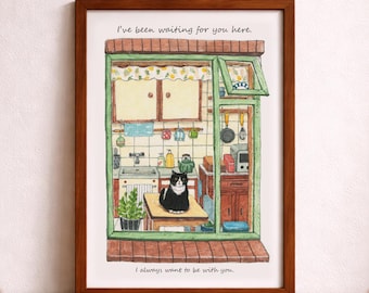 Tuxedo Cat Küchen Kunstdruck - Handgezeichnete Linie & Farbe (Digitaler Download)