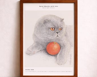 2026 Katzenkalender zum ausdrucken - Oktober Katze Illustration, gemütlicher Herbst Wandkunst, digitaler Download