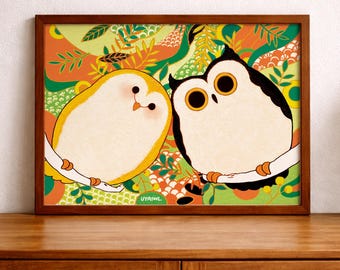 Glückliches Eulenpaar Wand Kunst zum ausdrucken, bunte Eule Illustration, digitaler Download